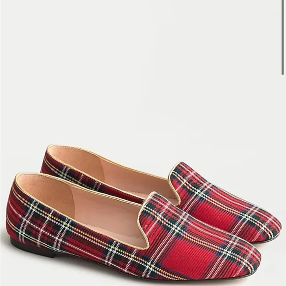 J.Crew Tartan Plaid Smoking Slipper Loafers Royal Stewart Red Flats Size 8.5 - Picture 2 of 8